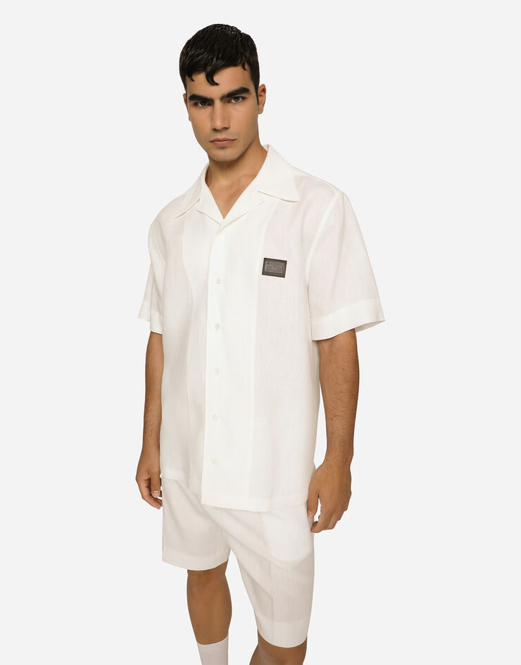 Dolce&Gabbana Camicia Hawaii lino con placca logata Bianco G5LB5TFU4JB