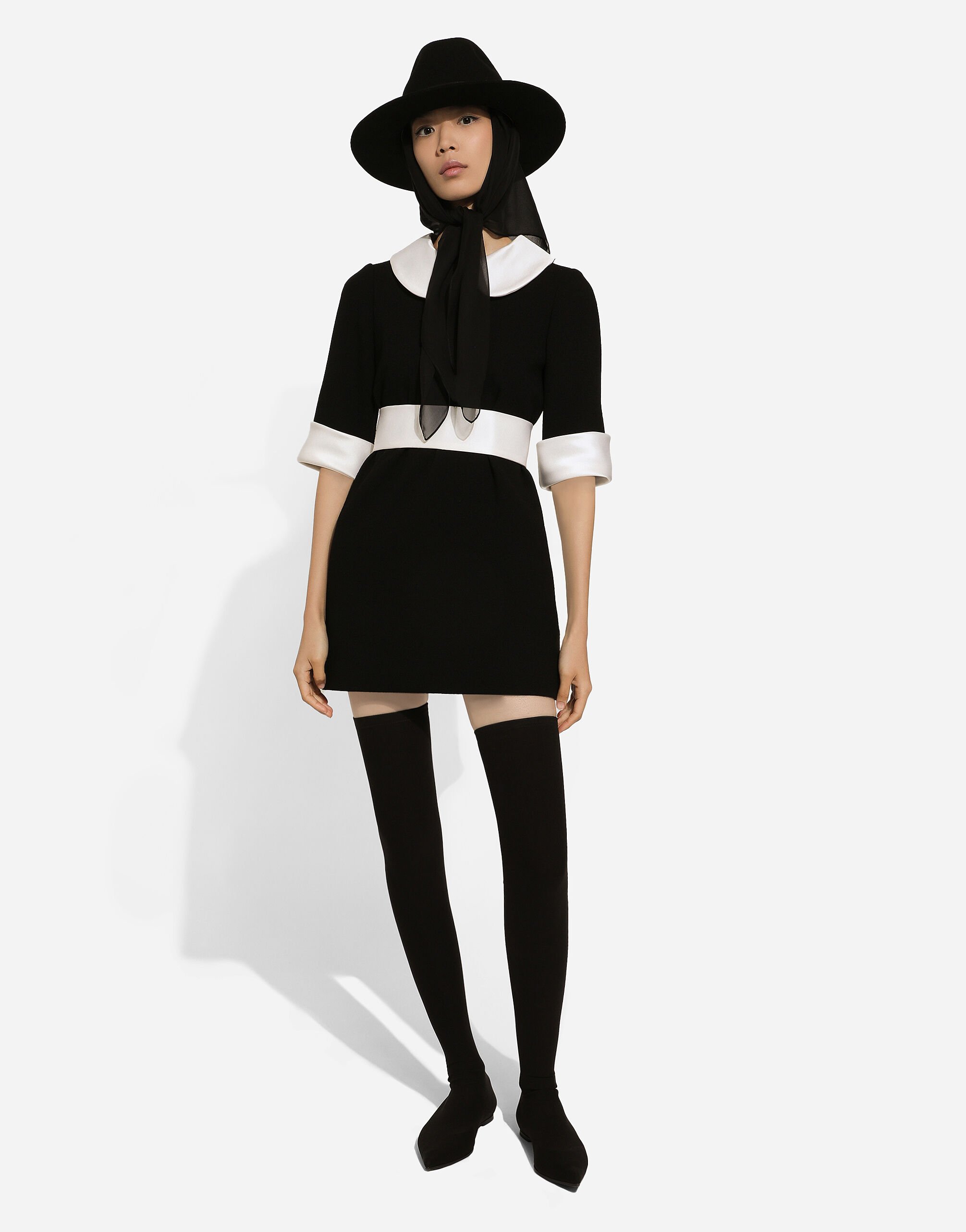 Short wool crepe dress with satin details in Black for Women Short wool crepe dress with satin details in Black for Women