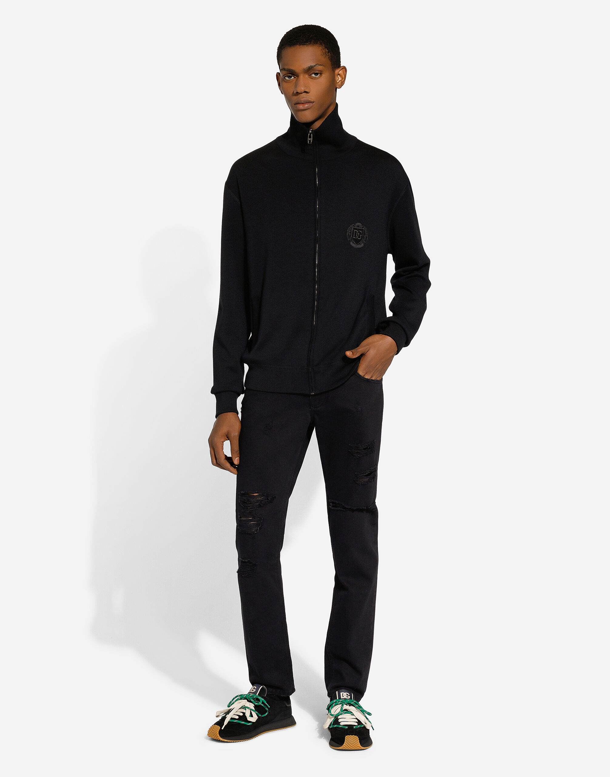 Cashmere and silk zip-up sweatshirt with DG patch in Black
