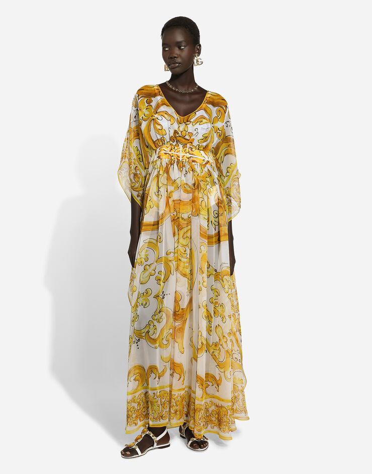 Long silk chiffon dress with majolica print in Print for Women | Dolce ...