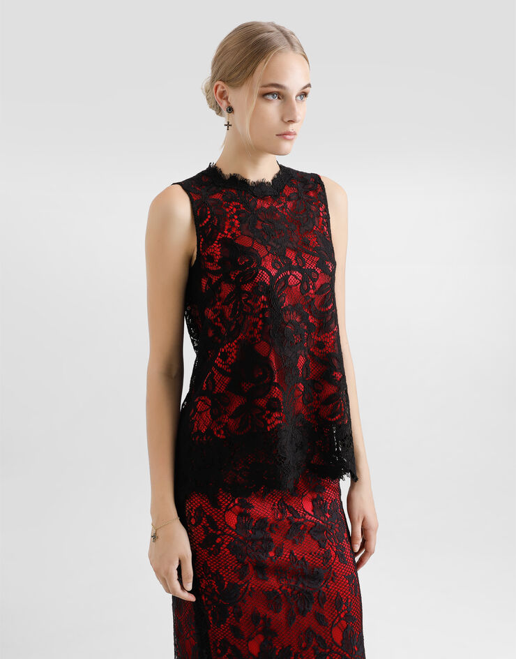 Dolce & Gabbana Sleeveless floral lace top with contrasting lining Black F7AK3TILMBJ