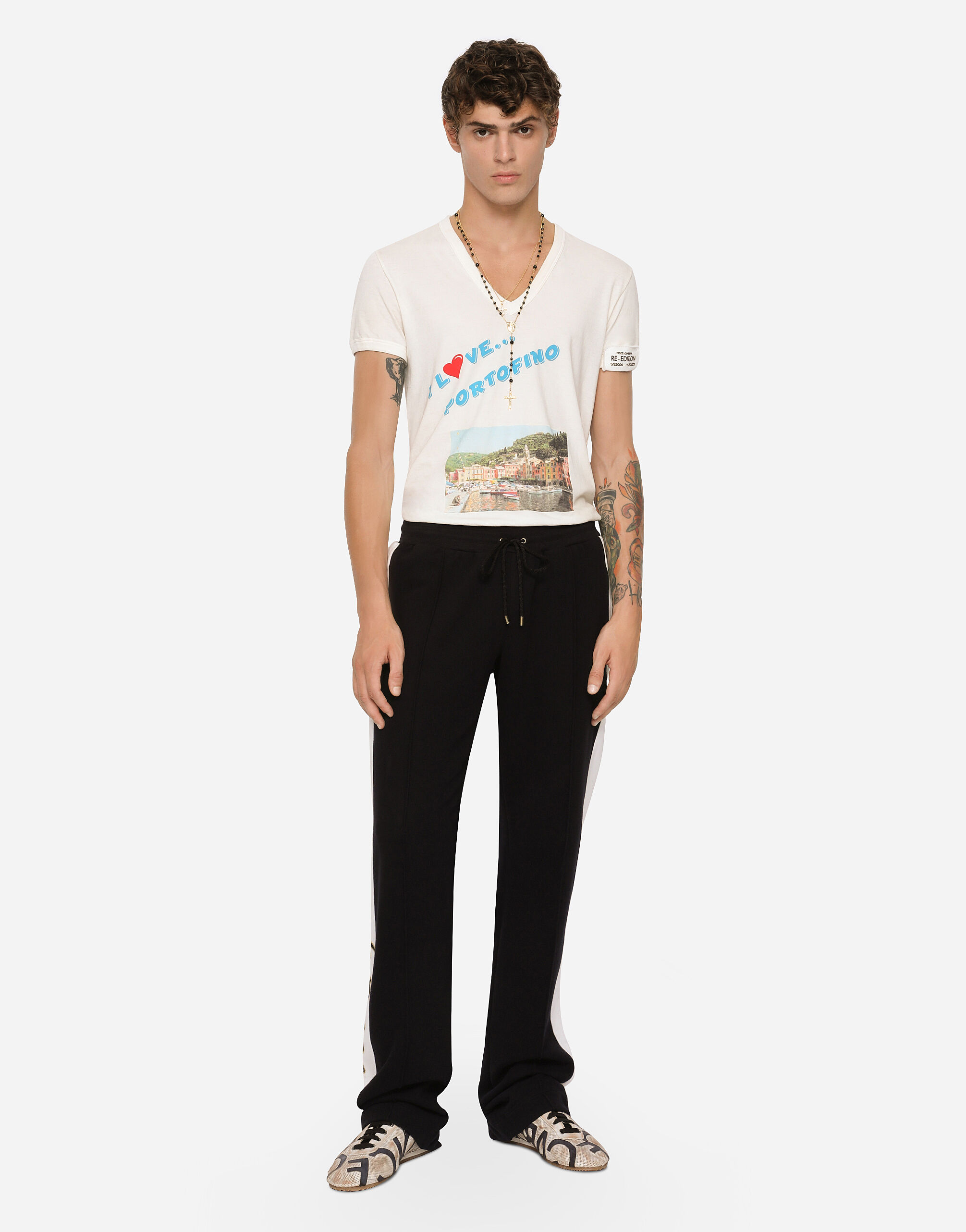 Jersey jogging pants with embroidered bands in Black for Men