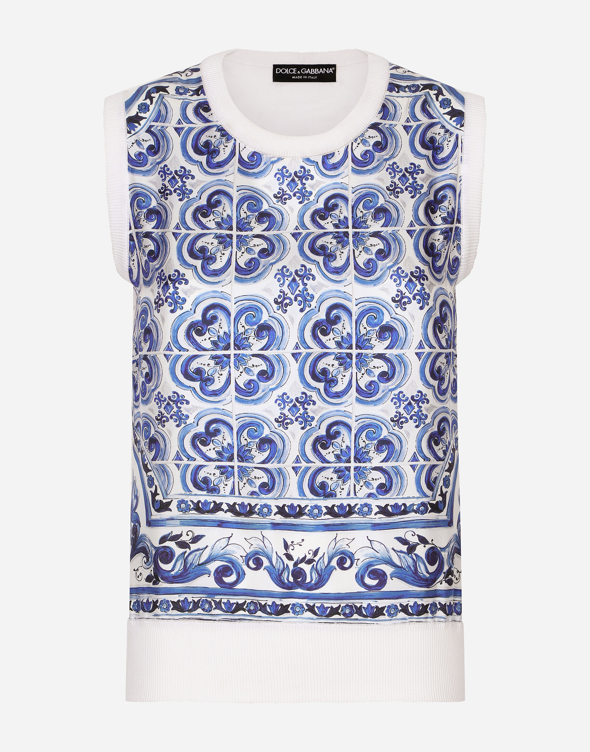 Pull sans manches en soie et serg imprim majoliques en