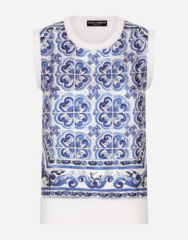 Dolce & Gabbana Ärmelloser Pullover aus Seide und Twill Majolika-Print Mehrfarbig FXH17TJASW1
