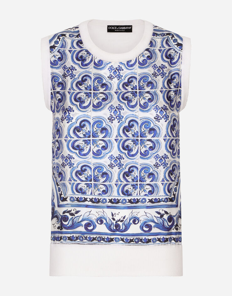 Dolce & Gabbana Sleeveless silk and twill sweater with majolica print Multicolor FXH17TJASW1