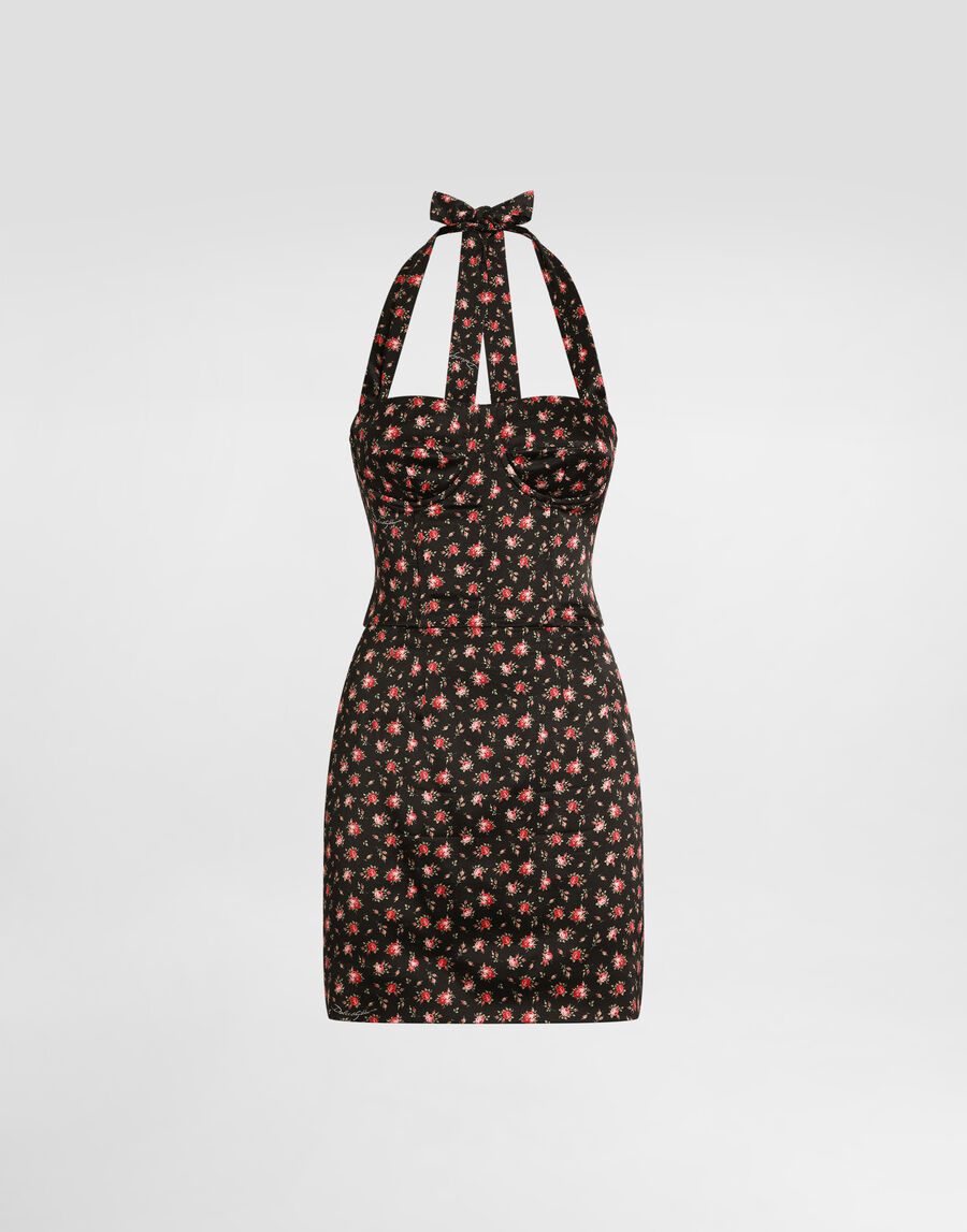Small rose-print short satin dress