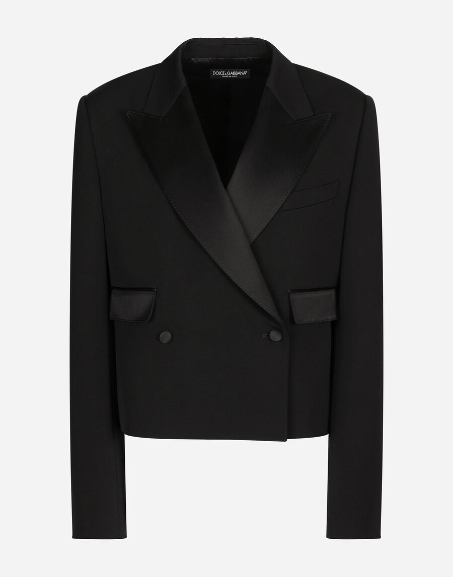Short double-breasted wool gabardine tuxedo jacket