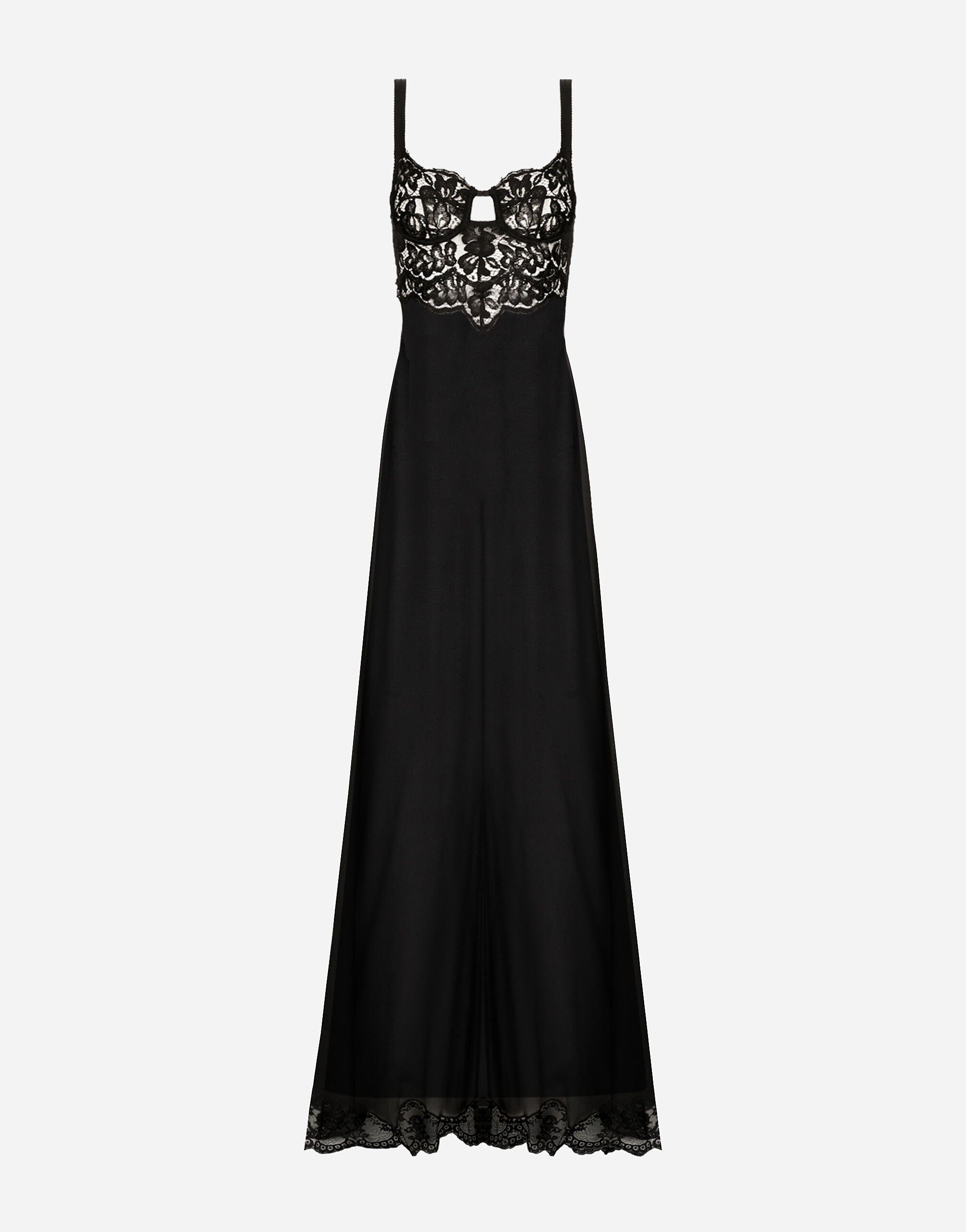 Dolce & Gabbana Long silk chiffon dress with lace body Black F6JFFTMLRAB