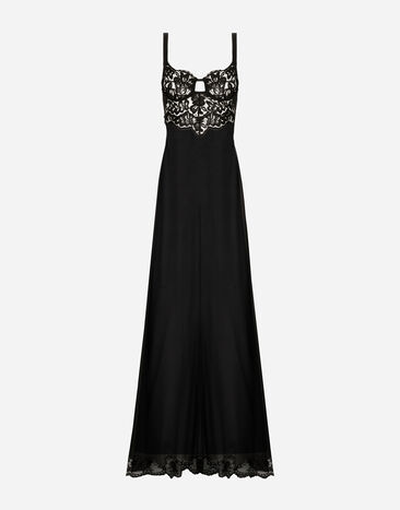 Dolce&Gabbana Long silk chiffon dress with lace body Black F0B6ATHJMOK