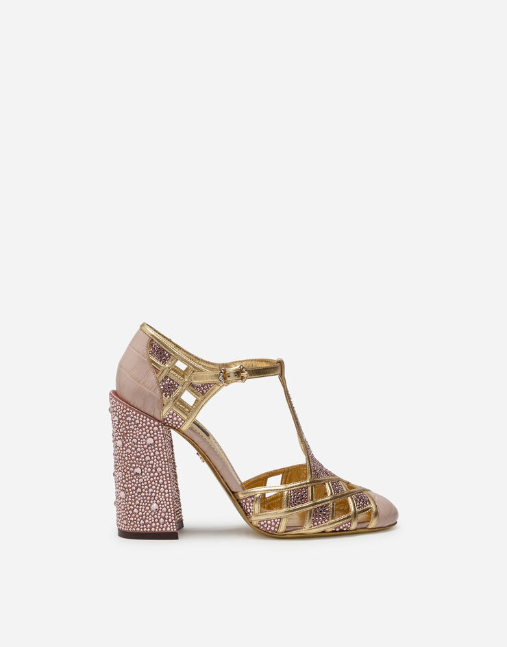 Dolce & Gabbana Polished crocodile print t-strap shoes with mini rhinestones BEIGE CD1388AJ173