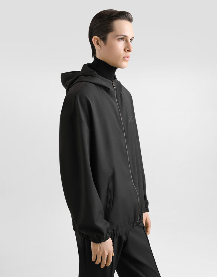 Dolce & Gabbana Blouson en toile de laine avec capuche à plaquette Noir G9BMVTFURK8