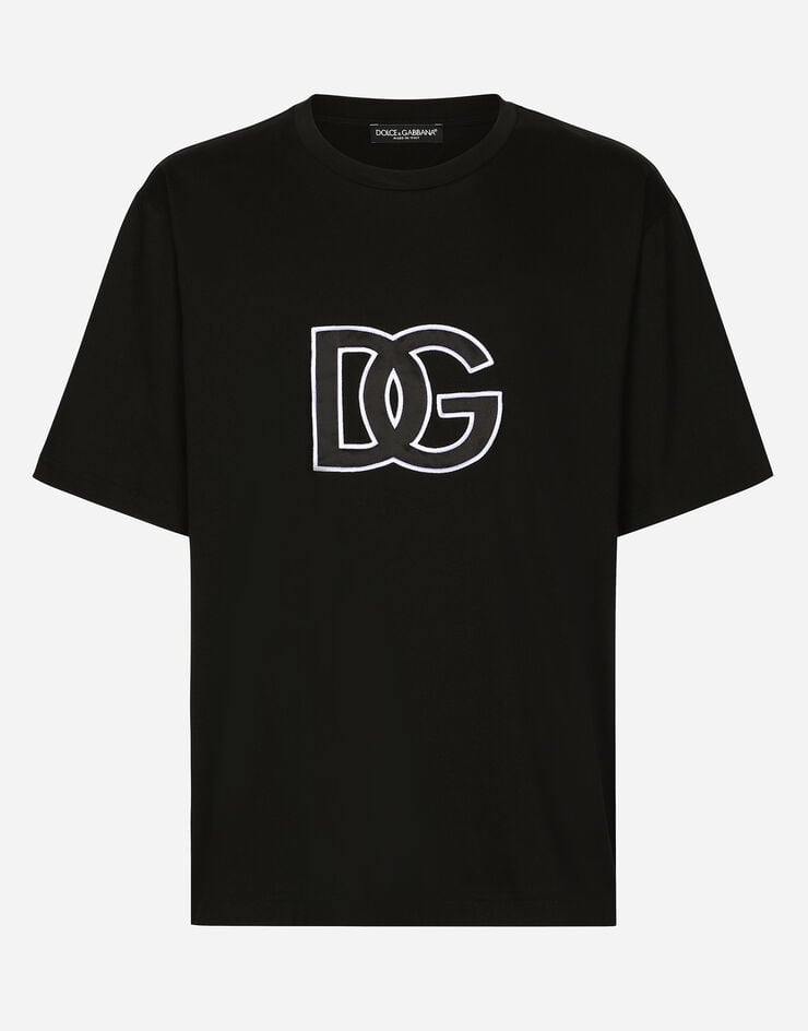 Dolce & Gabbana Camiseta de cuello redondo en algodón con parche DG Negro G8PD7ZG7G6Q
