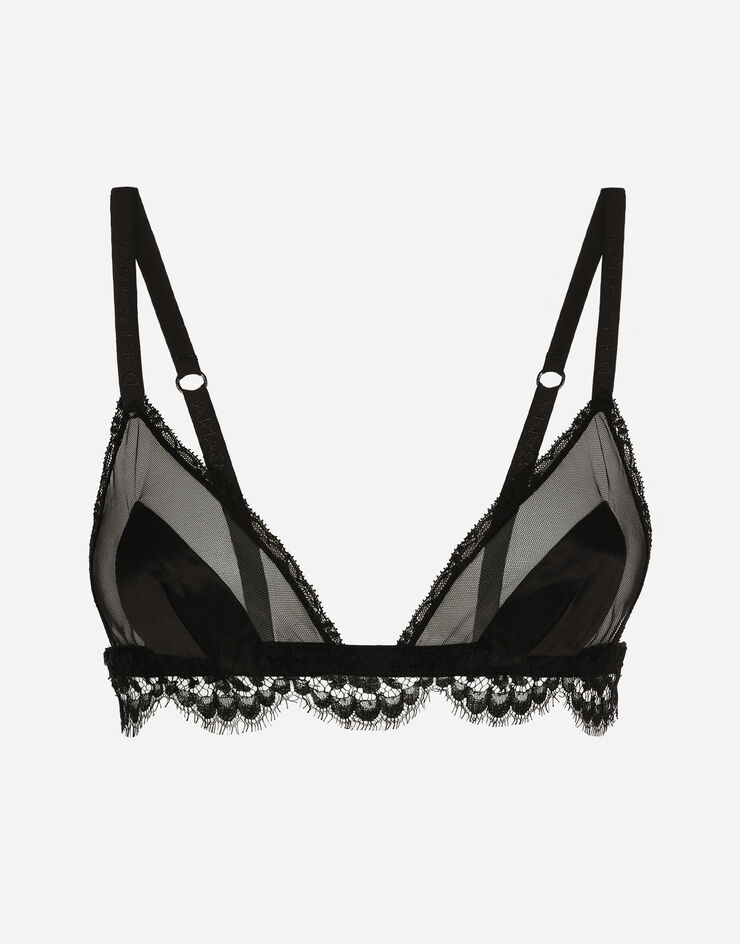 Satin, lace and tulle soft-cup triangle bra in Black for