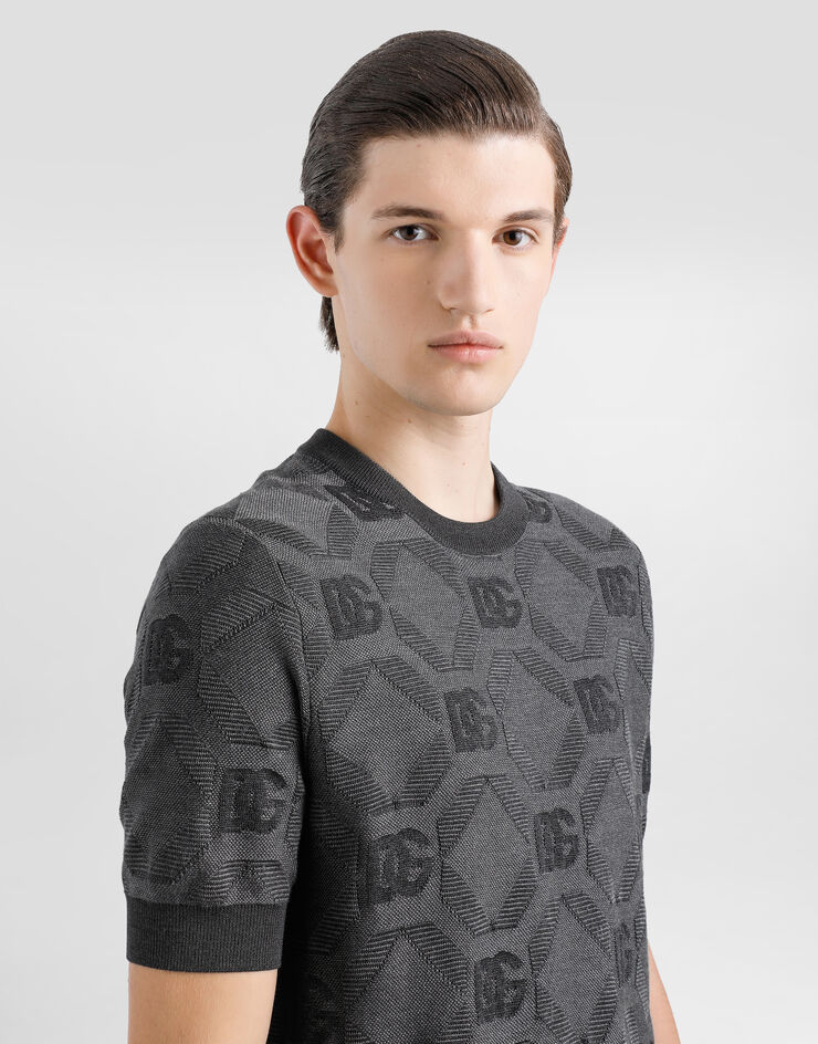 Dolce & Gabbana Silk round-neck sweater with jacquard logo Grey GXX03TJBSK7