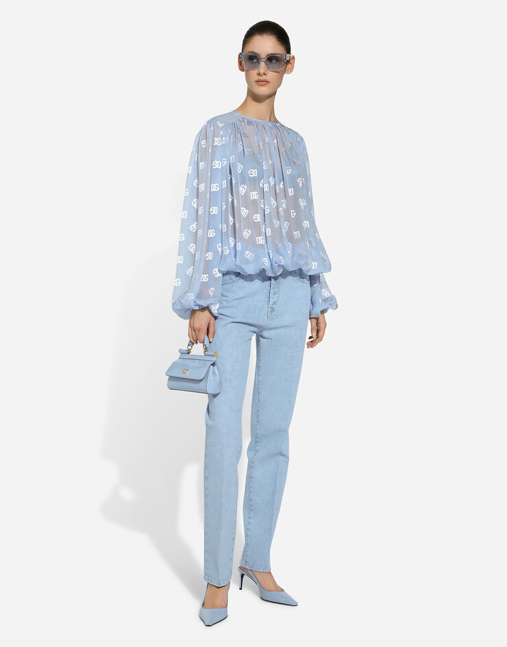 Dolce & Gabbana Dévoré satin jacquard blouse with all-over DG logo Light Blue F761RTFJTBR