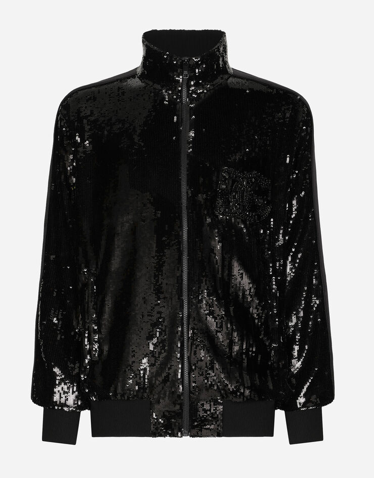 Dolce & Gabbana Sequined zip-up sweatshirt with rhinestone-detailed DG patch Black G9ZG1ZHLMTJ
