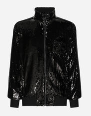Dolce & Gabbana Sequined zip-up sweatshirt with rhinestone-detailed DG patch Black G9ZB4TFJSB6