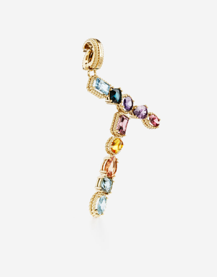Dolce & Gabbana Подвеска в форме буквы T Rainbow alphabet из желтого золота 18 карат с разноцветными камнями ЗОЛОТОЙ WANR1GWMIXT
