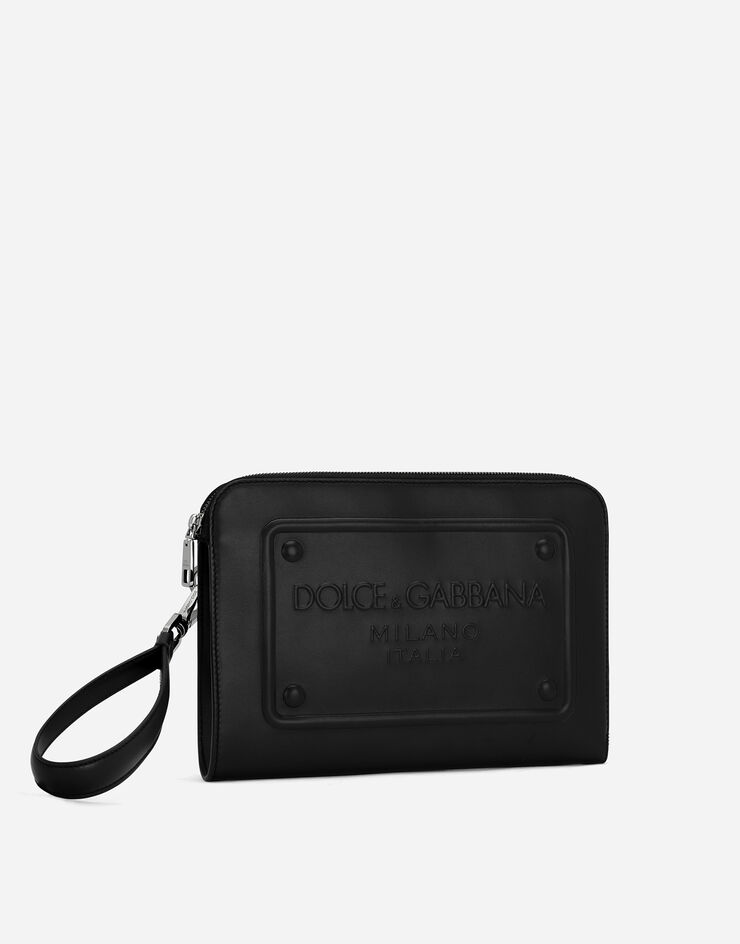 Dolce & Gabbana Cartera de mano pequeña en piel de becerro con logotipo en relieve Noir BM1751AG218