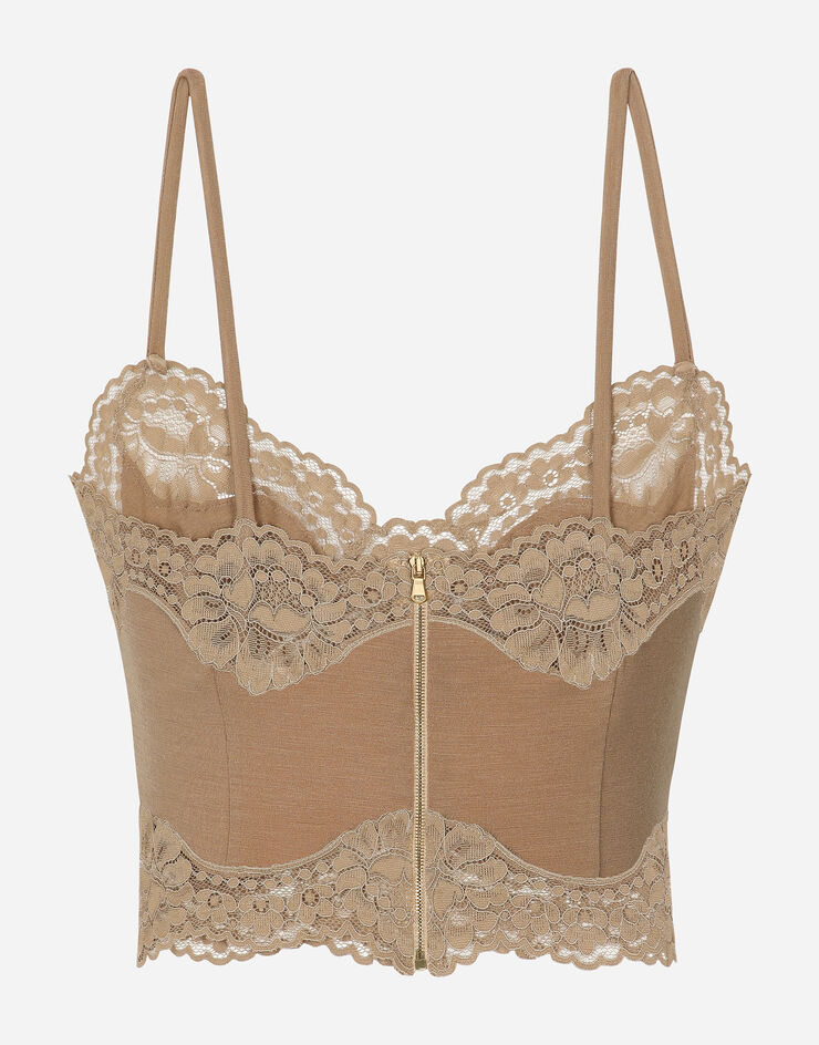 Dolce & Gabbana Wool jersey lingerie crop top with lace inlays Beige O7D88TFUGRH