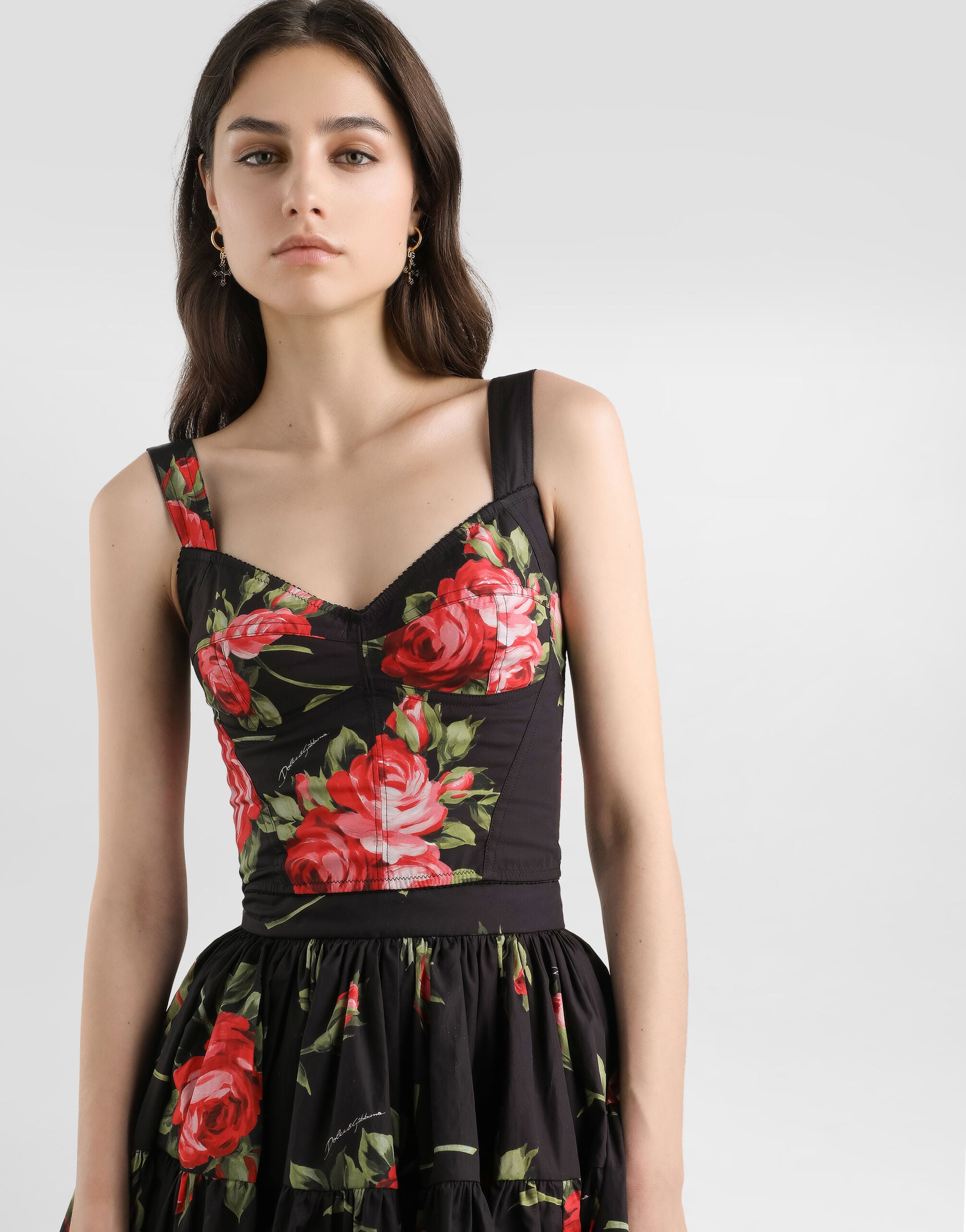 Rose bouquet-print cotton bustier top in Multicolor for Women