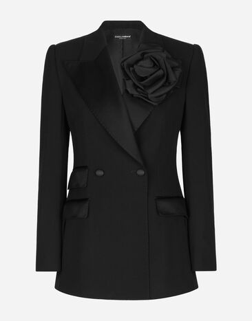 Dolce & Gabbana Giacca doppiopetto in tela di lana con fiore applicato Nero F6JFFTMLRAB