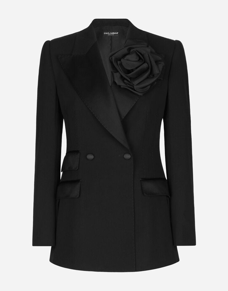 Dolce&Gabbana Zweireihige Jacke aus Wolle in Leinwandbindung mit Blumenapplikation Schwarz F29LMTFUBGB