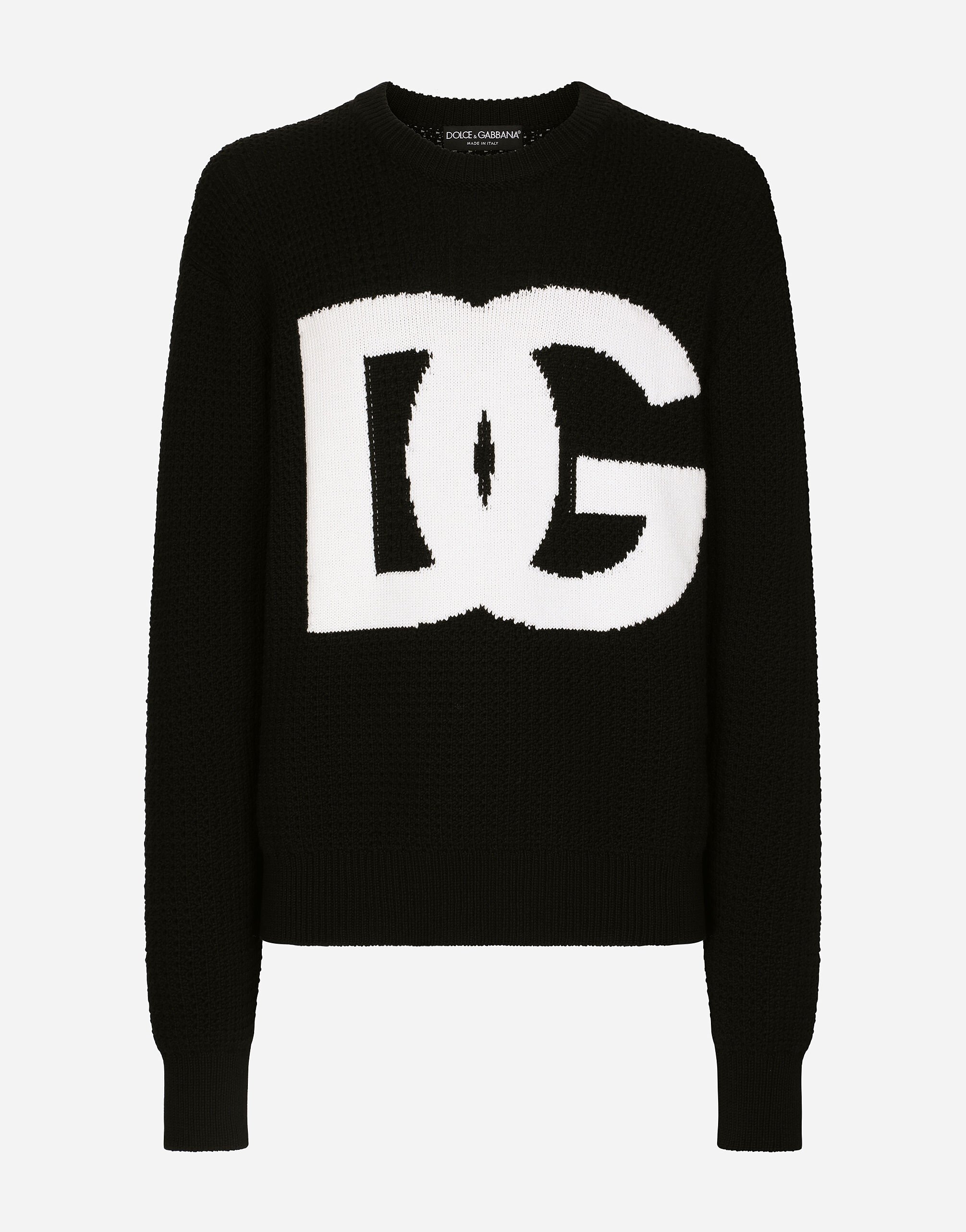Dolce & Gabbana Round-neck wool sweater with DG logo inlay Multicolor GXZ08ZJBSG3