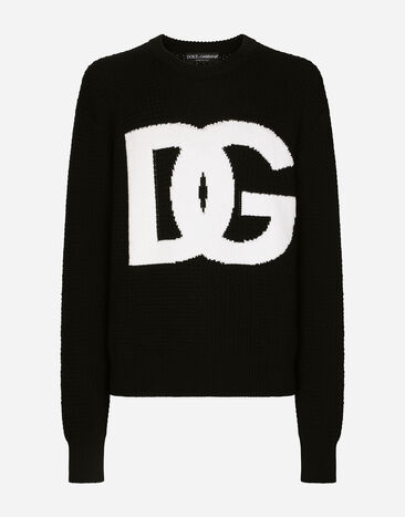 Dolce & Gabbana Round-neck wool sweater with DG logo inlay Grey GXP80TJFMK7