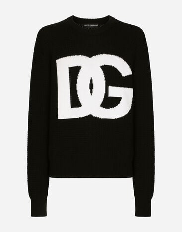 Dolce & Gabbana Round-neck wool sweater with DG logo inlay Multicolor G034ATFUSUM