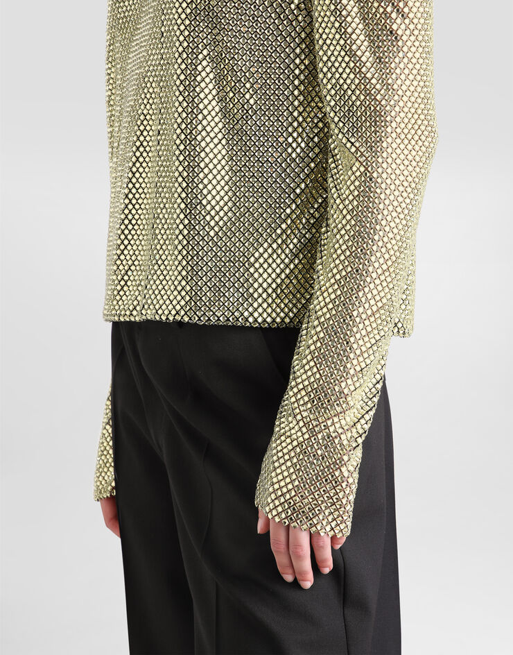 Dolce & Gabbana Langarm-Pullover aus Crystal Mesh Gold F7AK6ZFLSK3