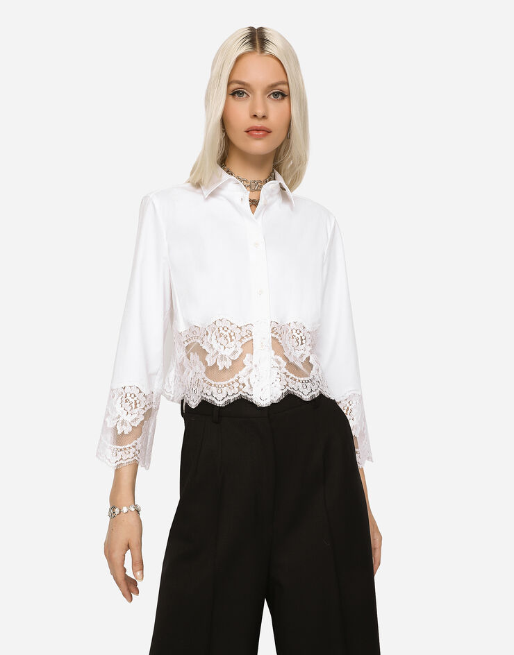 Dolce & Gabbana Camisa corta de popelina con aplicaciones de encaje Blanco F5Q65TFUEEE