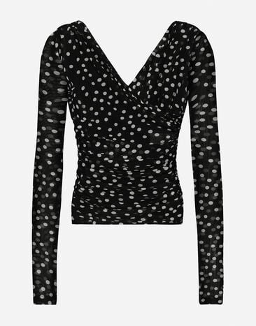 Dolce & Gabbana Polka-dot tulle top with wrap-front neckline Print F5P61TFSFNR