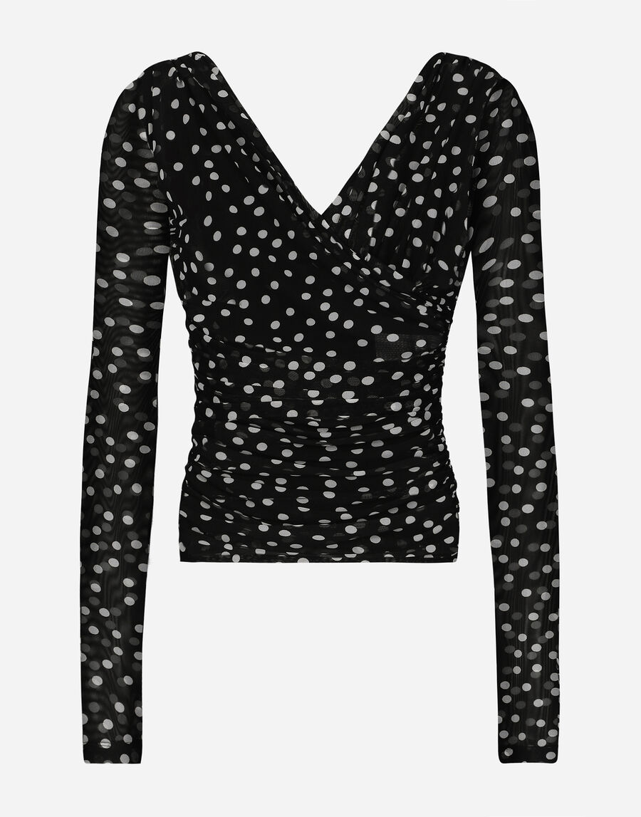 Polka-dot tulle top with wrap-front neckline