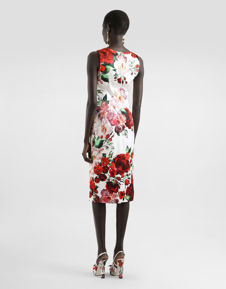 Dolce & Gabbana Sleeveless satin calf-length dress with rose print Print F6ZJ6TFSIB4