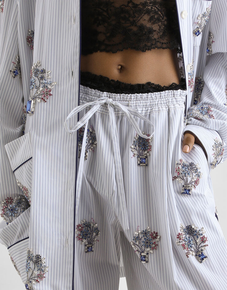 Dolce & Gabbana Striped poplin trousers with crystal flower embroidery Multicolor FTDJDZGDDSK