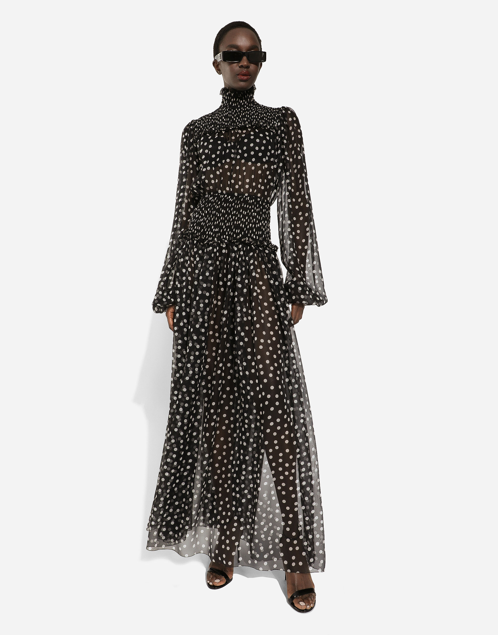 見事な Chiffon midi dress with smock stitching and micro-polka dot トップス