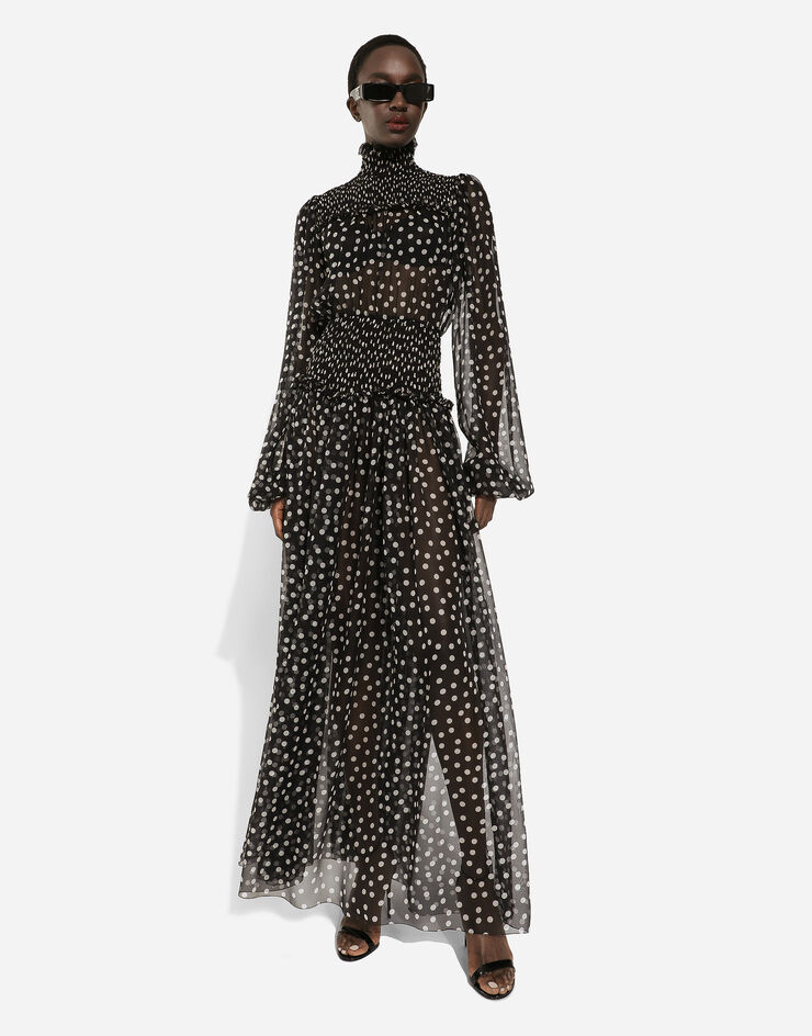 Dolce & Gabbana Abito longuette con punto smock in chiffon stampa micro pois Stampa F6GADTHS1KD