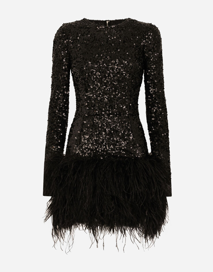 Dolce & Gabbana Kurzes Paillettenkleid mit Federbesatz Schwarz F6DKSTFLUBX