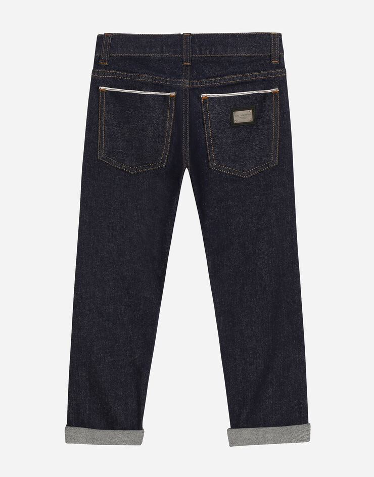 Dolce & Gabbana Jeans 5 tasche in denim stretch con placca logo Blu L42F59LDB95