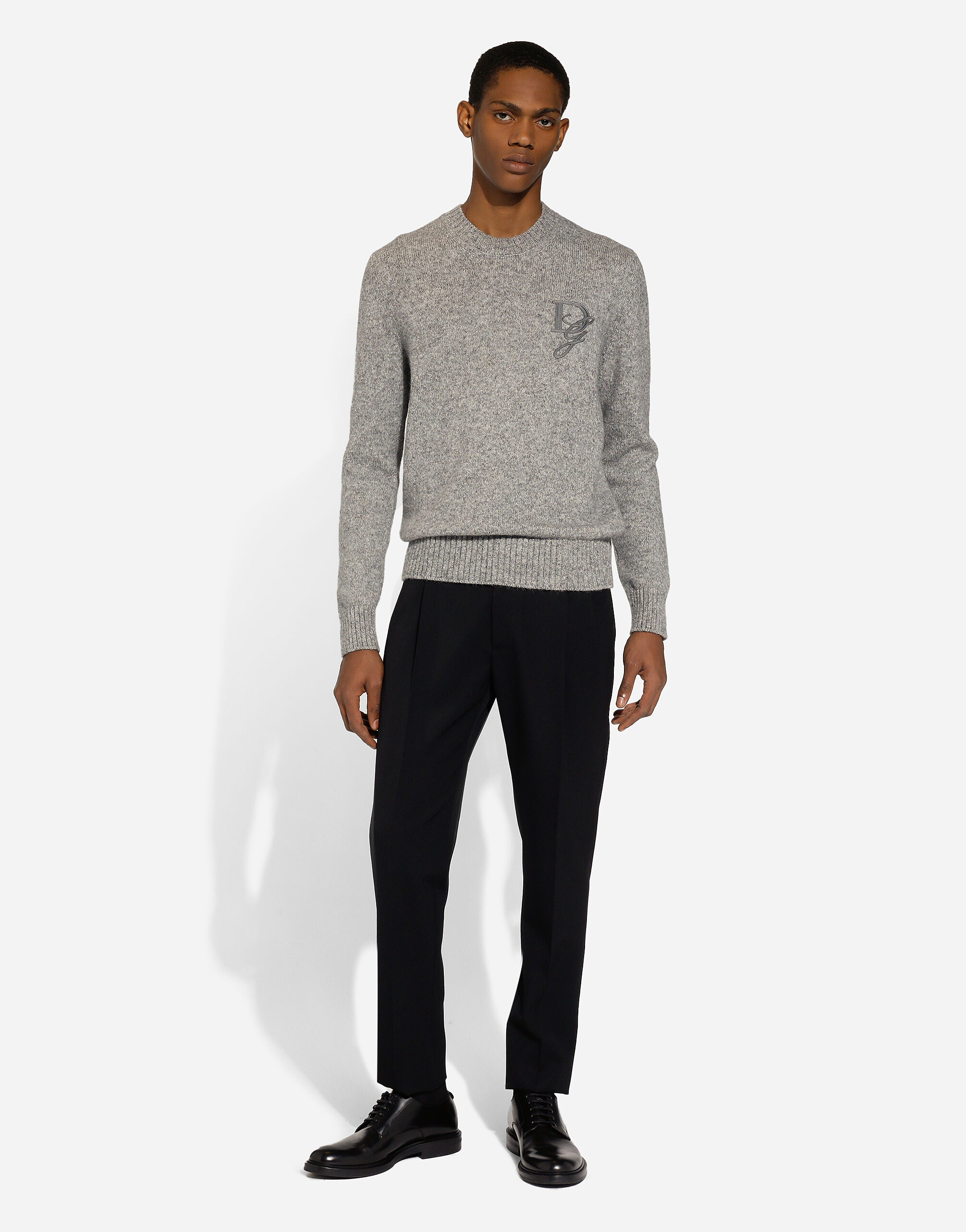 Round-neck wool sweater with DG embroidery in Grey for Men