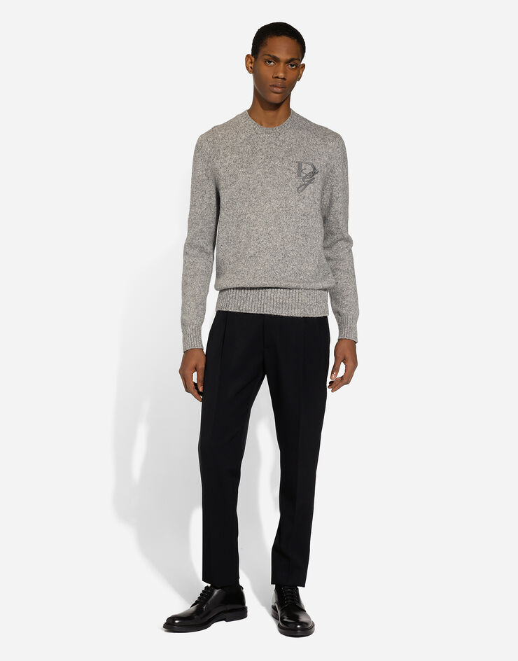 Dolce & Gabbana Round-neck wool sweater with DG embroidery Grey GXX02ZJFMIM