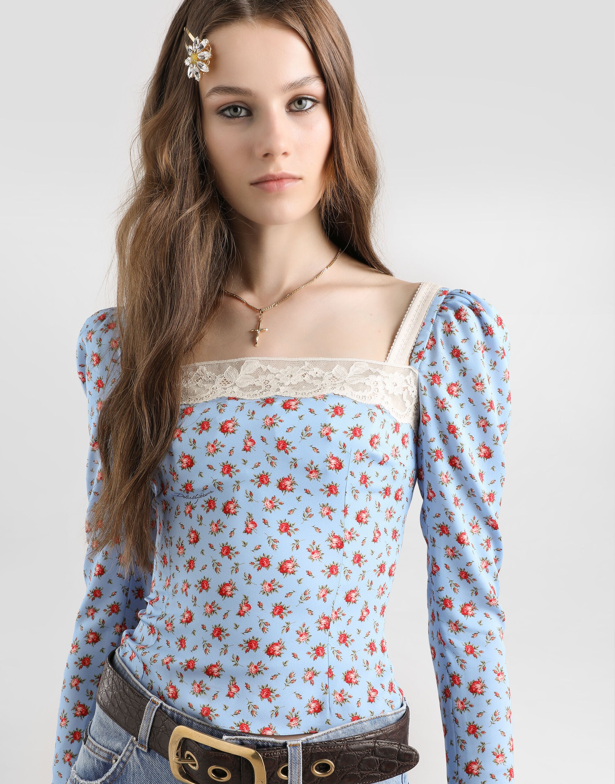 Small rose-print charmeuse top in Multicolor for Women