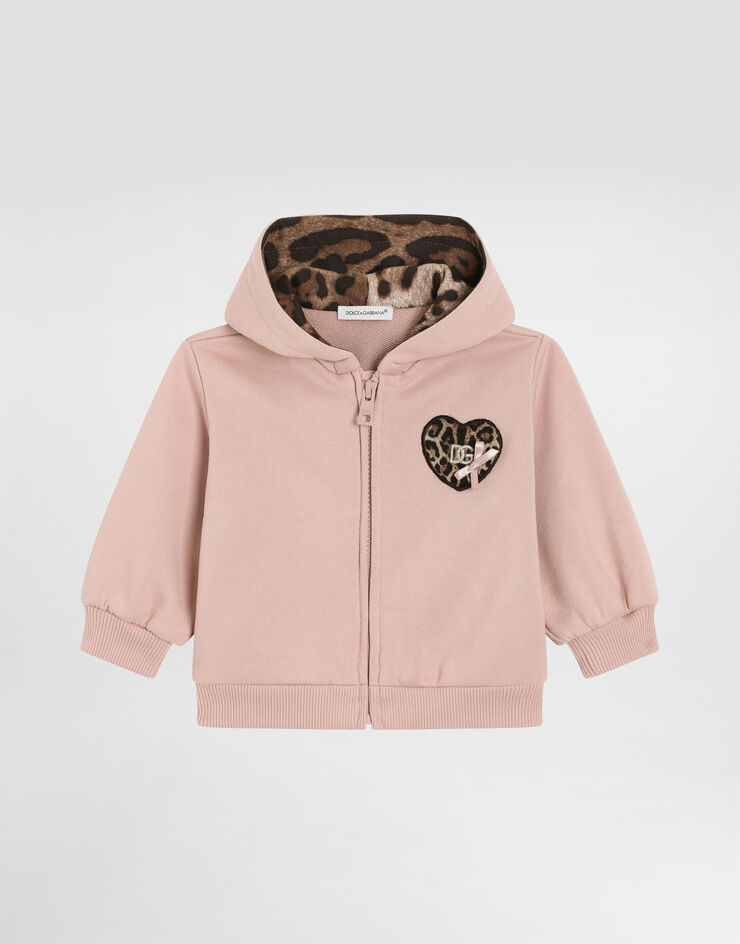 Dolce & Gabbana Hooded sweatshirt with leopard print heart-shaped patch Pink L2JWCTG7PSG