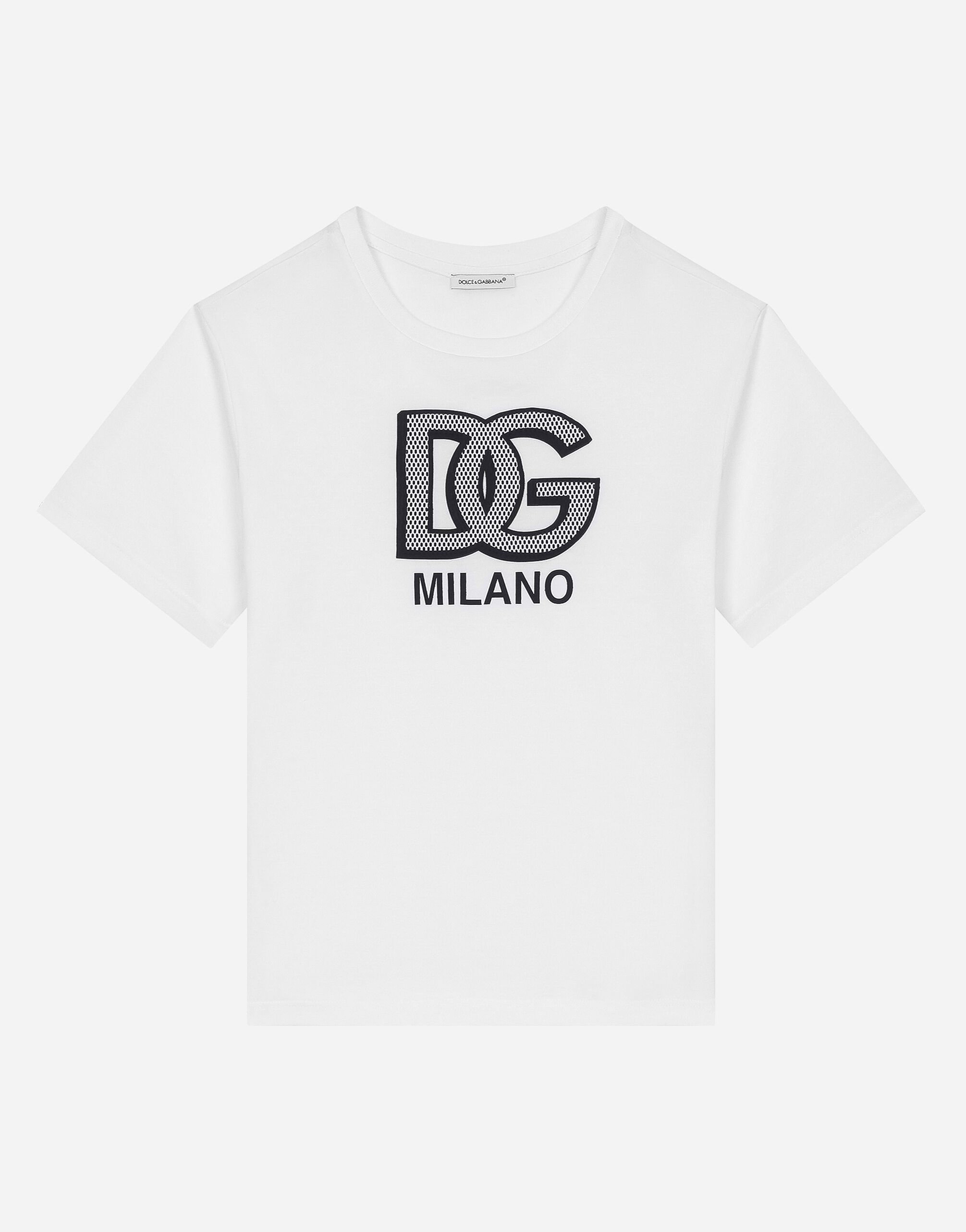 Dolce & Gabbana Camiseta de punto con estampado de logotipo DG Milano Azul FTBXHDG902P