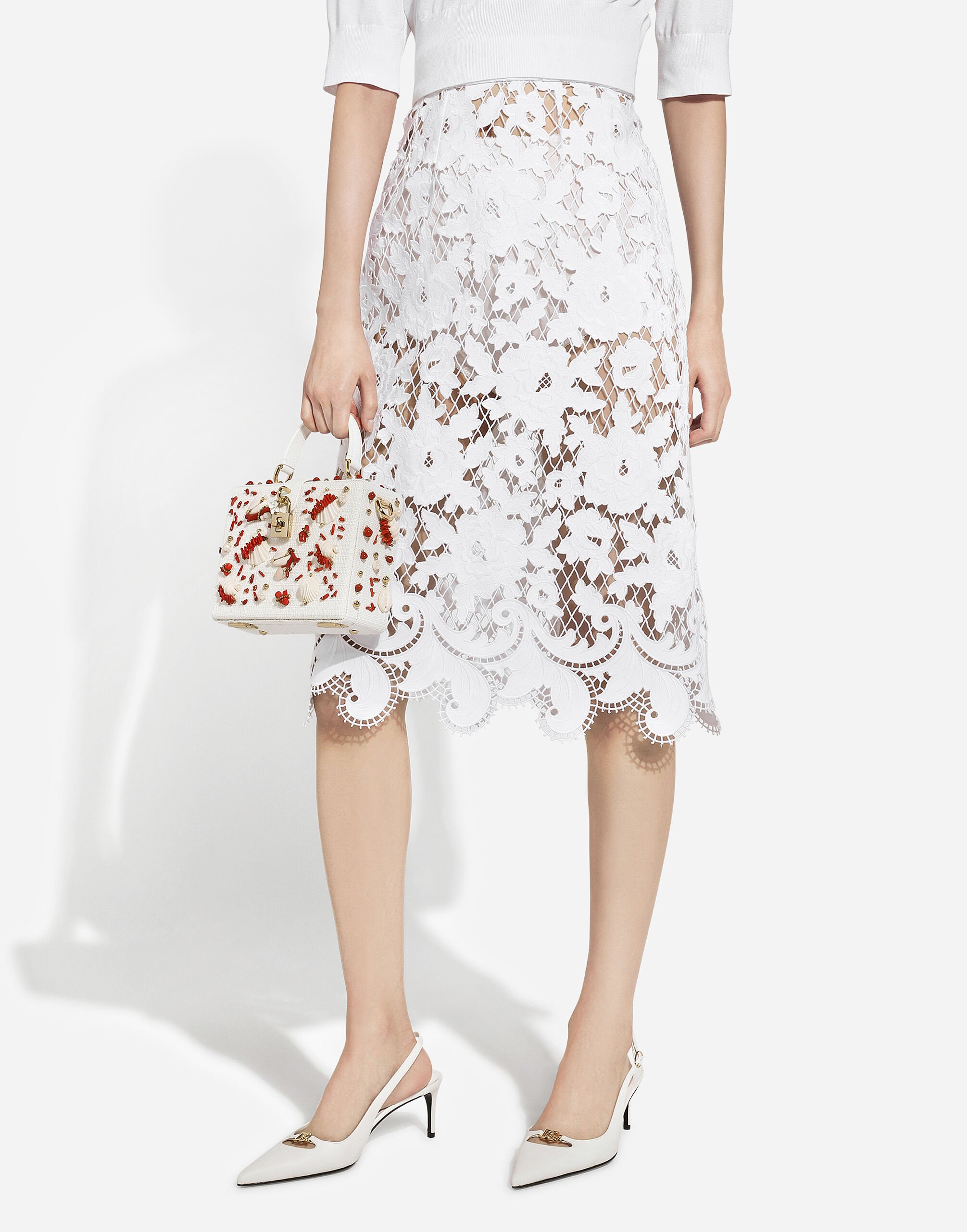 Cotton midi skirt with floral openwork detailing in White for Women Dolce Gabbana