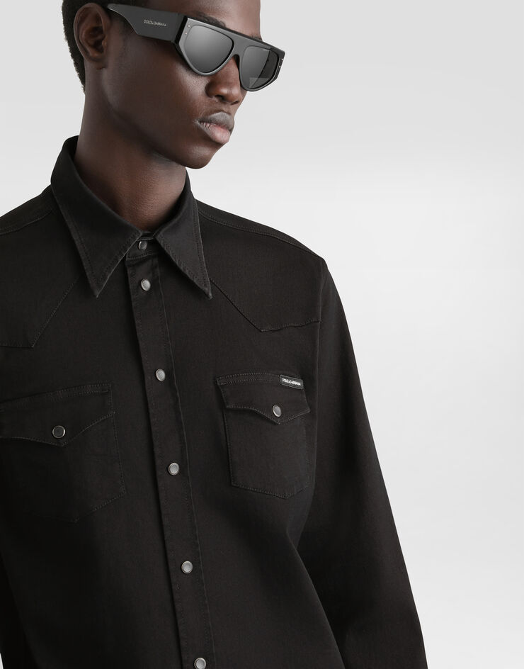 Dolce & Gabbana قميص من دنيم مرن أسود مطلي متعدد الألوان G5JC8DG8GW6