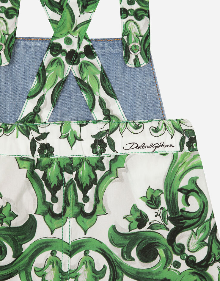 Dolce & Gabbana Salopette in denim e popeline con stampa maiolica verde Denim L13Q45LDC50