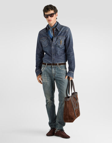 Dolce & Gabbana Gold shirt in denim with patch Blue G5JC8ZG8QH3
