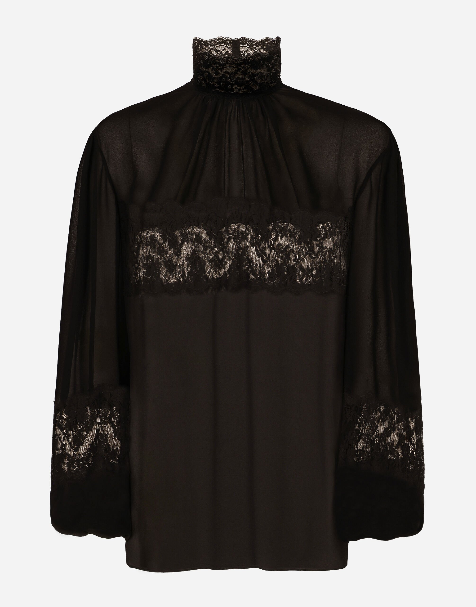Dolce & Gabbana Bluse mit hohem Kragen aus Georgette und Spitze Schwarz BB7287A1471